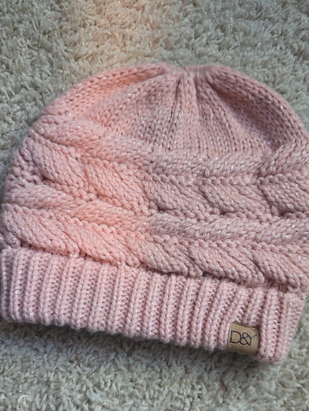 D&Y Blush Pink Cable Knit Ponytail Beanie with Sparkle OS